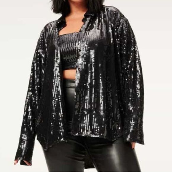Good American Sequin Button Down Party Shirt - Black - Size 7 / 4x - Picture 3 of 9